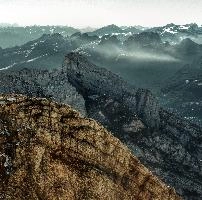 View from Säntis, rugged, alpine, peaks, alpstein, view, säntis, haze, mountains, mist, alps, sunrise, switzerland, morning, appenzell, stone, saentis, rock