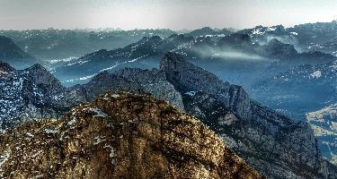 View from Säntis, rugged, alpine, peaks, alpstein, view, säntis, haze, mountains, mist, alps, sunrise, switzerland, morning, appenzell, stone, saentis, rock
