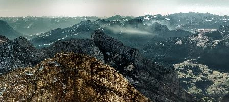 View from Säntis, rugged, alpine, peaks, alpstein, view, säntis, haze, mountains, mist, alps, sunrise, switzerland, morning, appenzell, stone, saentis, rock