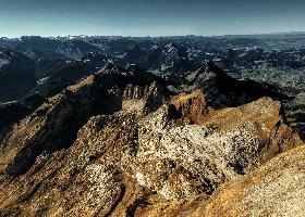 View from Säntis in Appenzell across the Swiss Alps at daybreak, range, haze, peaks, clouds, säntis, weather, mountains, daybreak, alpine, earl, swiss, morning, appenzell, view, saentis, scenery, alps, stone, switzerland, rock