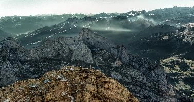View from Säntis in Appenzell across the Swiss Alps at daybreak, range, haze, peaks, clouds, säntis, weather, mountains, daybreak, alpine, earl, swiss, morning, appenzell, view, saentis, scenery, alps, stone, switzerland, rock