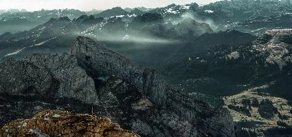 View from Säntis in Appenzell across the Swiss Alps at daybreak, range, haze, peaks, clouds, säntis, weather, mountains, daybreak, alpine, earl, swiss, morning, appenzell, view, saentis, scenery, alps, stone, switzerland, rock