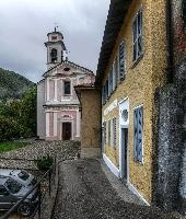 Church in Cabbio, Ticino, ticino, alps, religion, rural, village, rendered, alpine, switzerland, catholic, europe, tower, mountains, building, square, bell, church, street, pink, christian