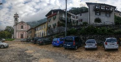 Church in Cabbio, Ticino, ticino, italian, cars, rural, cabbio, catholic, tessin, switzerland, parked, swiss, pink, overcast, clock, rendered, church, village, sky, grey, tower