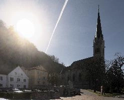 St. Florin Cathedral in Vaduz. Liechtenstein, facade, exterior, architecture, building, urban, gothic, town, steeple, alps, church, vaduz, florin, liechtenstein, saint, europe, cathedral