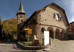 Church in Zermatt, alps, pfarrkirche, tourism, autumn, christianity, exterior, europe, saint, switzerland, tower, zermatt, mauritius, clock, building, sunshine, religion, church