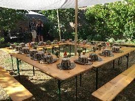 Party table at Aljoscha's wedding reception, null