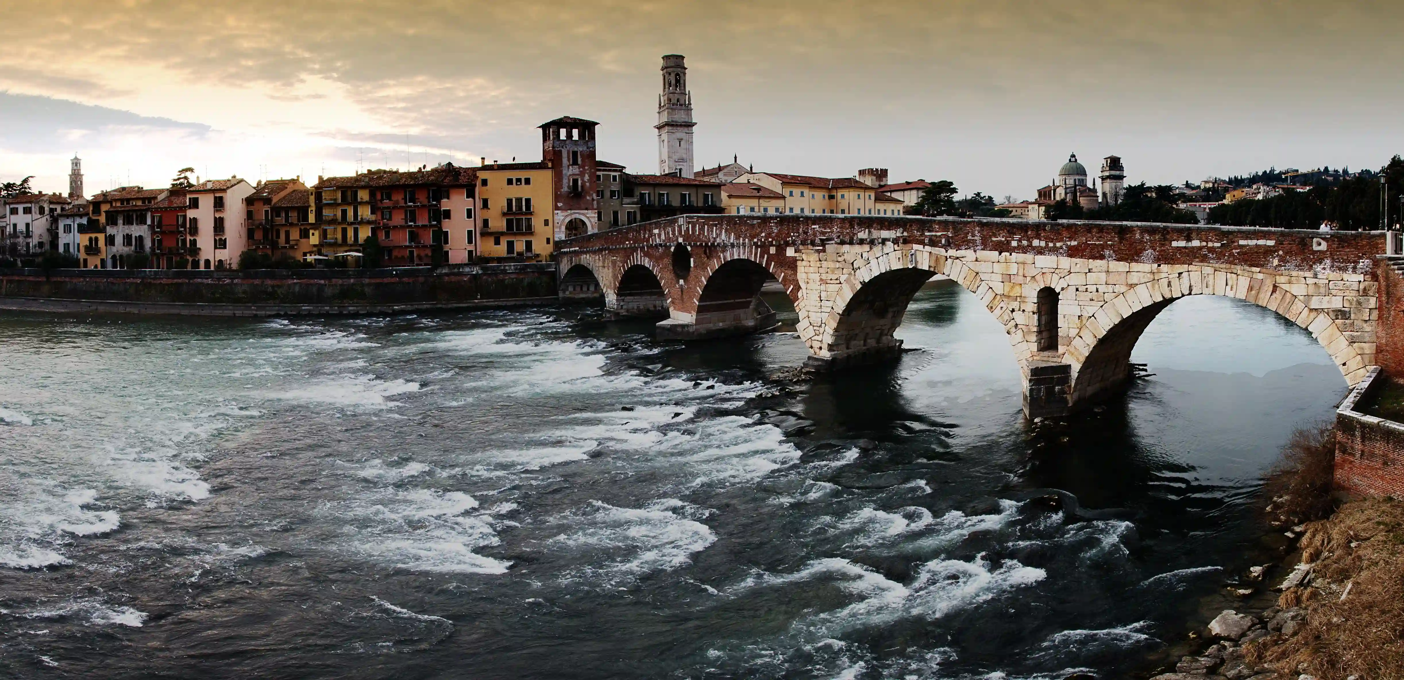 The Ponte Pietra in the old city of Verona, Italy, italy, veneto, adige, river, town, city, verona, towers, stone, bridge, amphitheatre, arches
