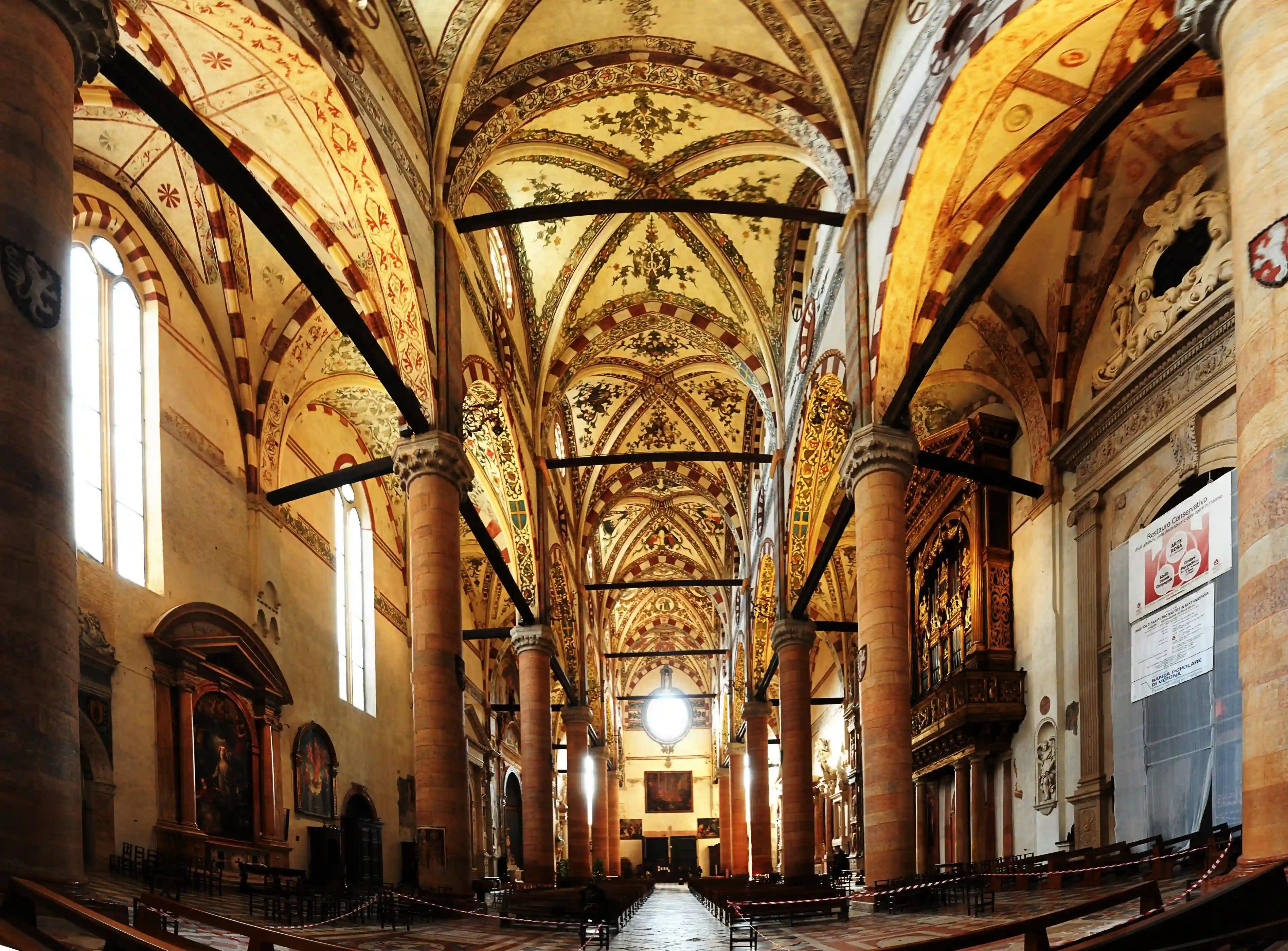 Interior of the Basilica di Santa Anastasia, Verona, renaissance, ornate, pillars, interior, chiesan, old, church, building, anastasia, catholic, verona, religious, veneto, decorated, italy, ceiling