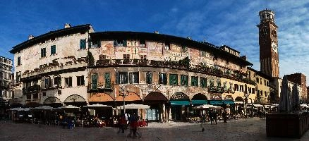 Buildings on the Piazza delle Erbe in Verona, city, town, square, mediterranean, veneto, outdoors, italy, tower, verona, exterior, erbe, facade, delle, picturesque, piazza, urban