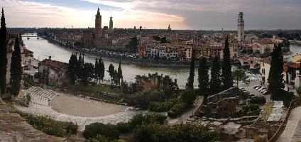 Roman Amphitheatre and River in Verona, towers, shakespeare, evening, italian, sunset, town, landscape, city, view, cityscape, skyline, roman, verona, cypresses, veneto, pines, italy, river, amphitheatre, ampitheatre
