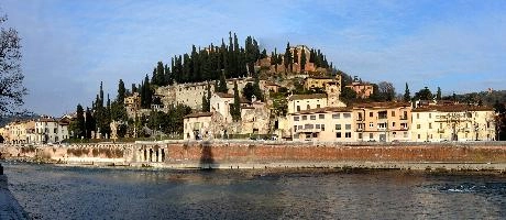 Verona shot across river in Autumn, italian, town, houses, front, cypresses, autumn, hill, sunshine, river, tourism, verona, historic, veneto, water, italy, old