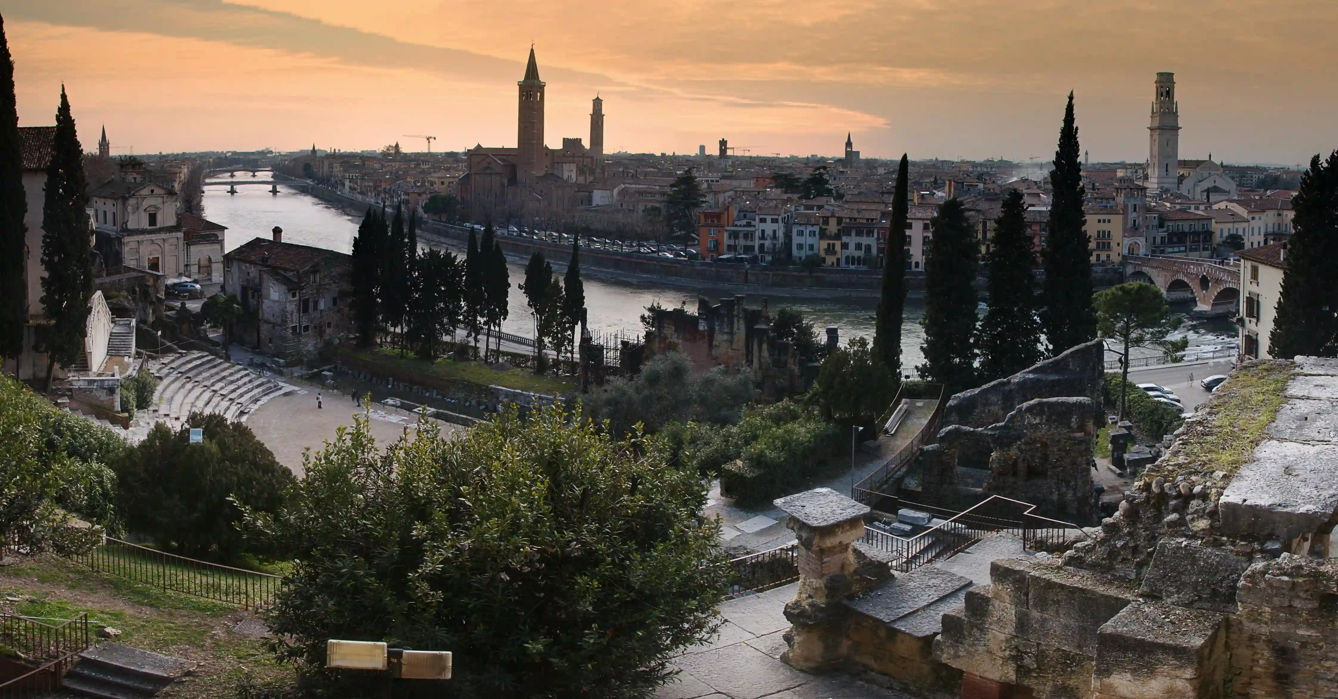 View of Verona from the Roman amphitheatre, horizon, towers, cityscape, panorama, city, trees, town, cypresses, verona, skyline, veneto, river, italy, sky, europe, evening