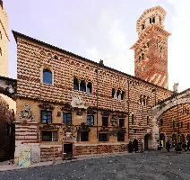 Colourful stripes of building in Verona, the Veneto, church, italianate, stripes, shakespeare, city, colourful, town, cream, verona, red, italian, piazza, veneto, campanile, italy, tower