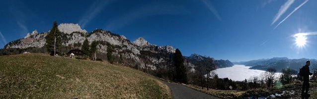 Cloud trapped under inversion, valley of Flums and Walenstadt, Swiss Alps, alpine, sunlight, swiss, sunshine, fluffy, switzerland, floor, white, cloud, mist, flat, alps, fog, base, churfirsten, inversion, season, lake, flums, weather, clouds, walen, blue sky, walenstadtberg, valley, bright, walenstadt, mountain, autumn