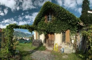 Creeper-bedecked workshop on Walenstadtberg, Switzerland, farm, alps, valley, clouds, walenstadtberg, walenstadt, switzerland