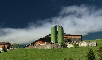 Farm and silos on Walenstadtberg, Switzerland, farm, alps, valley, clouds, walenstadtberg, walenstadt, switzerland