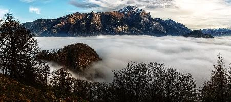 Atmospheric inversion in the Swiss Rhine valley trapping a sea of fog seen from the Gonzen, mist, fluffy, fog, white, valley, lake, rhine, sea, gonzen, autumn, alpine, weather, landscape, alps, atmospheric, scenery, mountains, inversion, panorama, swiss, layer, view, switzerland, cloud, forest