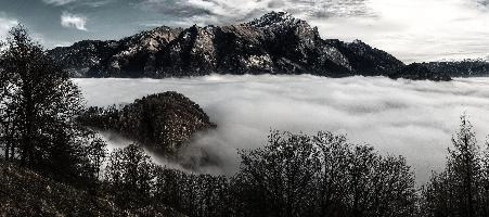 Atmospheric inversion in the Swiss Rhine valley trapping a sea of fog seen from the Gonzen, mist, fluffy, fog, white, valley, lake, rhine, sea, gonzen, autumn, alpine, weather, landscape, alps, atmospheric, scenery, mountains, inversion, panorama, swiss, layer, view, switzerland, cloud, forest