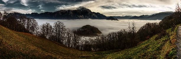 Atmospheric inversion in the Swiss Rhine valley trapping a sea of fog seen from the Gonzen, mist, fluffy, fog, white, valley, lake, rhine, sea, gonzen, autumn, alpine, weather, landscape, alps, atmospheric, scenery, mountains, inversion, panorama, swiss, layer, view, switzerland, cloud, forest