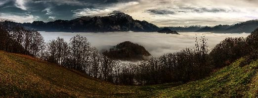 Atmospheric inversion in the Swiss Rhine valley trapping a sea of fog seen from the Gonzen, mist, fluffy, fog, white, valley, lake, rhine, sea, gonzen, autumn, alpine, weather, landscape, alps, atmospheric, scenery, mountains, inversion, panorama, swiss, layer, view, switzerland, cloud, forest