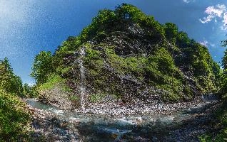 Hillside with waterfall in the Weisstannental, Swiss Alps, river, cliff, stream, woodland, sunny, forest, blue sky, scenery, outdoors, valley, alps, watrefall, rocky, mountains, sunlight, stones, swiss, slope, bed, europe, green, foliage, switzerland, water, hillside