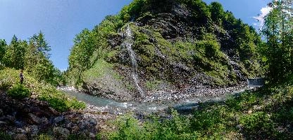 Hillside with waterfall in the Weisstannental, Swiss Alps, river, cliff, stream, woodland, sunny, forest, blue sky, scenery, outdoors, valley, alps, watrefall, rocky, mountains, sunlight, stones, swiss, slope, bed, europe, green, foliage, switzerland, water, hillside