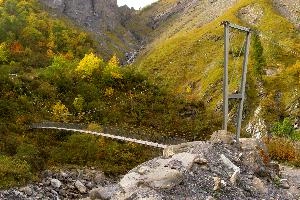 Suspension bridge at the Batöni, Weisstannen valley in Mels, Switzerland, null
