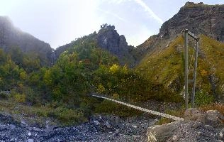 Suspension bridge at the Batöni, Weisstannen valley in Mels, Switzerland, null