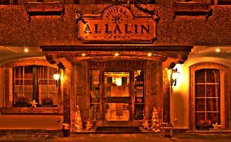 Hotel Allalin in Zermatt, switzerland, zermatt, hotel, allalin, facade, entrance, night, exterior, lights, wooden