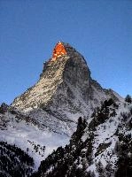 Sunrise on the Matterhorn, seen from Zermatt, wallis, waem, valais, sunrise, zermatt, alpenglow, matterhorn, light, outdoors, outcrop, alpine, stone, view, mountains, rock, blue sky, alps, crag, winter, swiss, pyramidal, snow, switzerland, peak, sun