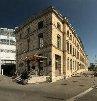 Gleis 9 building in Oerlikon, Switzerland, zürich, mfu, switzerland, mfo, gleis 9, historic, building, oerlikon, factory, zuerich, urban, brick, modern, summer, exterior, yellow, maschinenfabrik, famous, monument, sunshine, blue sky