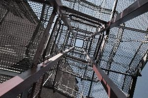 Fire escape in Oerlikon, Switzerland, zürich, mfo, escape, switzerland, scaffold, stair, maschinenpark, workplace, oerlikon, metal, zuerich, red, park, city, fire, urban, blue sky, geometric, safety, staircase, rigging, exterior, building, outdoors, summer