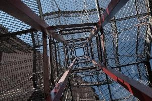 Fire escape in Oerlikon, Switzerland, zürich, staircase, park, maschinenpark, switzerland, red, metal, safety, oerlikon, fire, zuerich, geometric, escape, workplace, building, city, summer, blue sky, scaffold, mfo, stair, exterior, urban, outdoors
