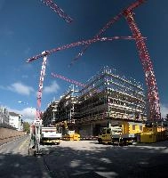 Construction site in Zürich, zürich, outdoors, sunshine, mountains, sky, alpine, swiss, town, switzerland, cranes, alps, city, construction, red, outdoor, daylight, blue, summer, site, work