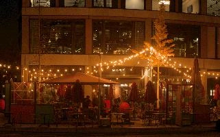 Cafe in Europaallee, switzerland, zürich, europaallee, night, christmas, lights, café, outdoors, city, town