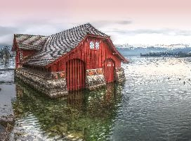Boathouse on Lake Zürich, zürich, switzerland, boathouse, zürchersee, alps, harbour, lake, evening, zuerich, red, outdoors, light, swiss, peacful, wooden, rippled, cold, winter, pearly, jetty, mountains, safe, mooring, tranquil, grey