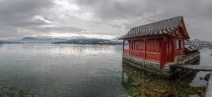 Boathouse on Lake Zürich, zürich, switzerland, boathouse, zürchersee, alps, harbour, lake, evening, zuerich, red, outdoors, light, swiss, peacful, wooden, rippled, cold, winter, pearly, jetty, mountains, safe, mooring, tranquil, grey