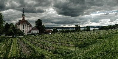 Kloster Birnau, kloster, white tower, abbey, germany, stormy, baroque, birnau, vineyard, bodensee, church, sky, pinkk, europe, weather, cloudy