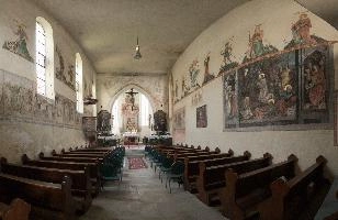 Interior of the Church of St. Jodok in Überlingen, Germany, lake, ancient, bodensee, renovated, baden-württemberg, frescoes, interior, pews, church, painting, aufkircherstrasse, catholic, town, saint, rural, jodokus, überlingen, st. jodok, germany, constance, historic